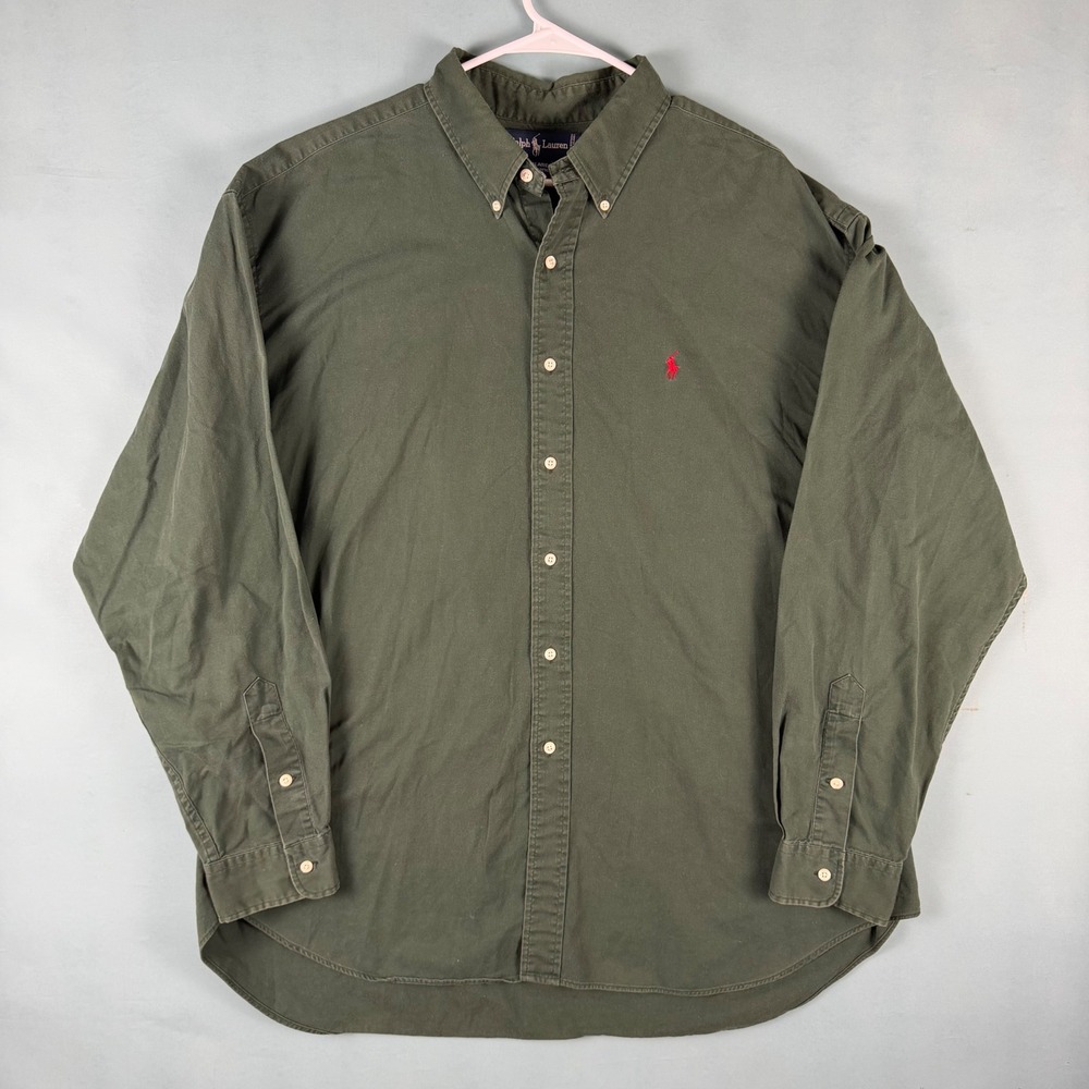 Vintage 90s Ralph Lauren Blaire Mens XXL Olive Green Button Down Shirt Made USA